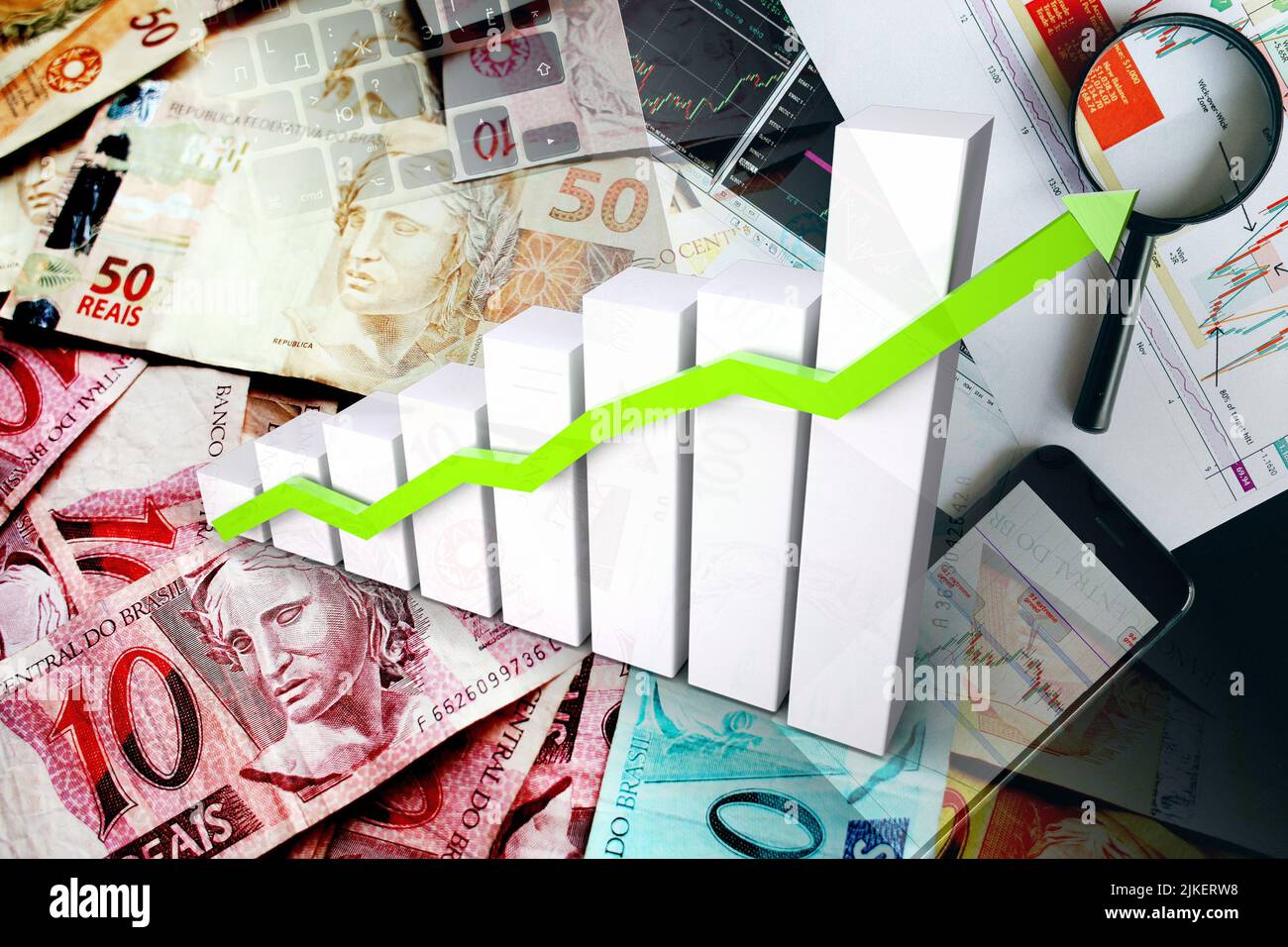 Graphique de l'économie - flèche vers le haut, Reals brésiliens en espèces et indicateurs du marché boursier (monnaie, finances, affaires, inflation) Banque D'Images