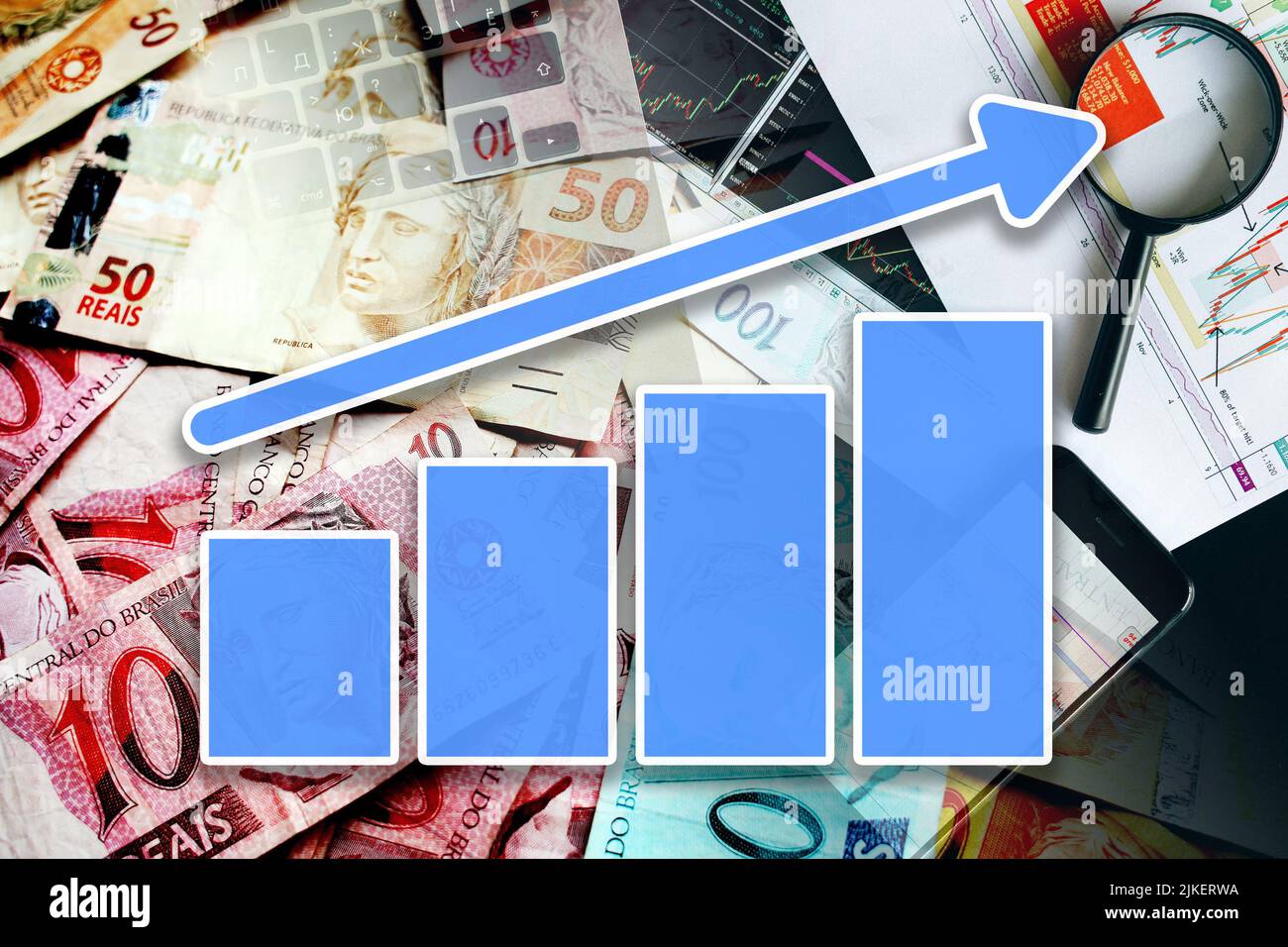 Graphique de l'économie - flèche vers le haut, Reals brésiliens en espèces et indicateurs du marché boursier (monnaie, finances, affaires, inflation) Banque D'Images
