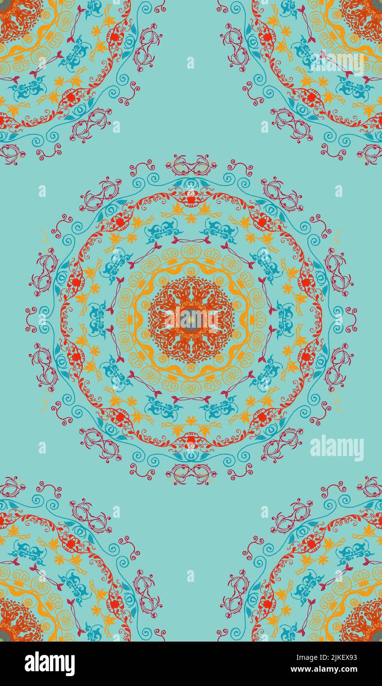 Motif coloré et complexe de cercle de mandala sur bleu pâle. Banque D'Images