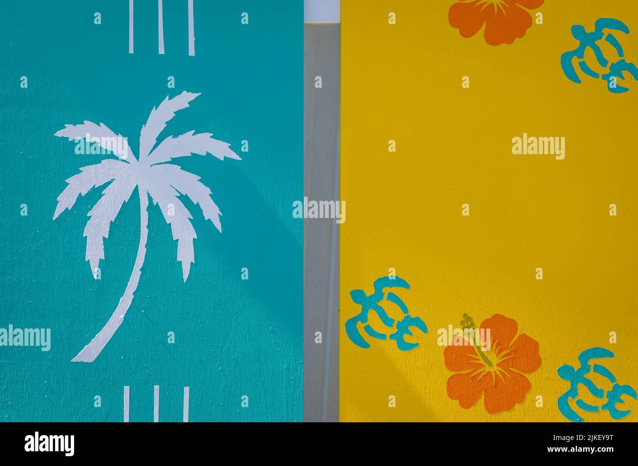 Gros plan sur une planche de surf colorée comme arrière-plan. Planches de surf colorées se penchant contre une clôture en bois. Voyage photo, personne, copier espace pour le texte Banque D'Images