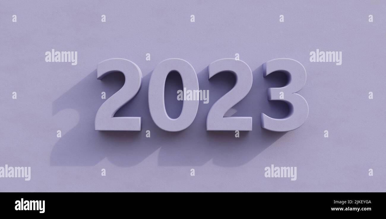 2023 Bonne Année. Numéro de couleur violet pastel sur l'arrière-plan du mur. 3d rendu Banque D'Images