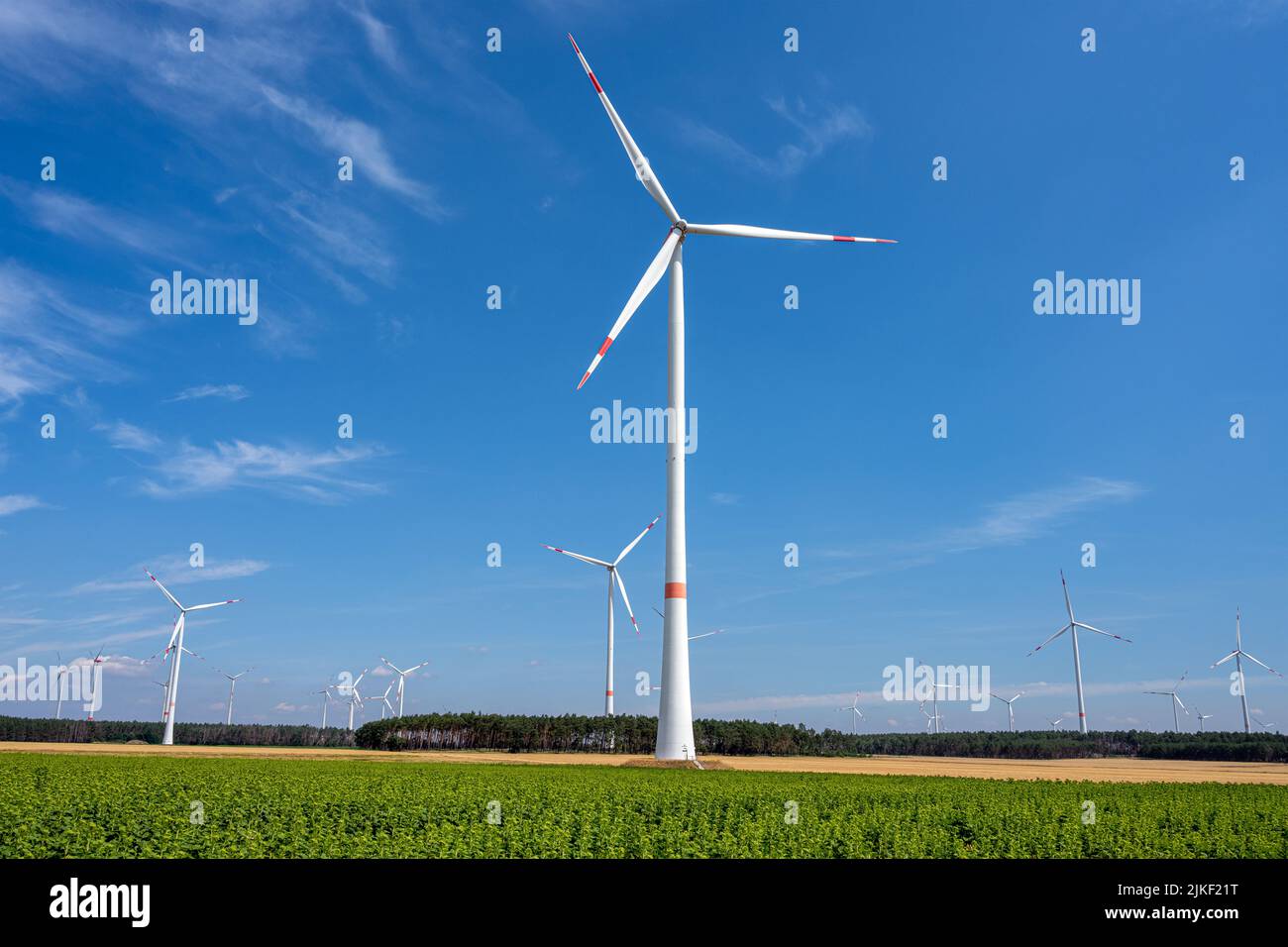 Centrales éoliennes en face d'un ciel bleu en Allemagne Banque D'Images