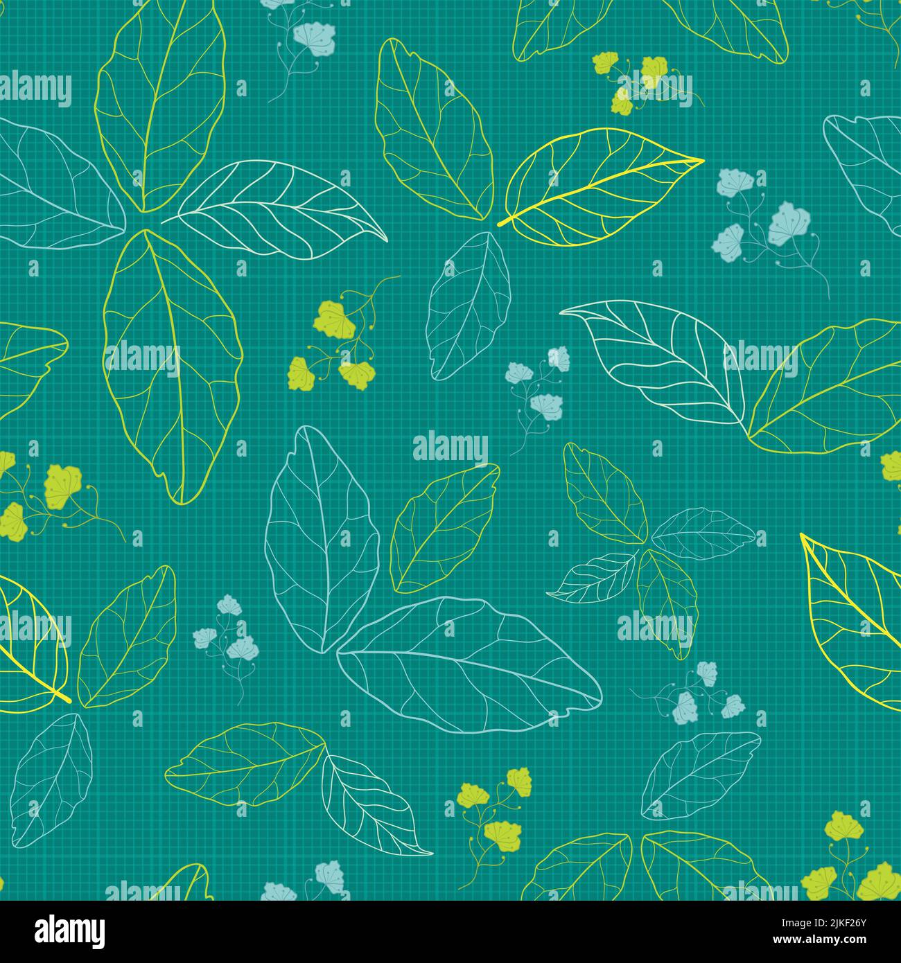 Vector Deep Sea Green Line art feuilles à carreaux fleuris texturé sans couture motif arrière-plan avec éléments dessinés à la main Illustration de Vecteur