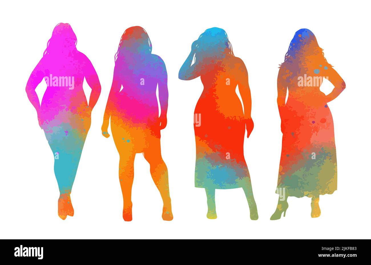 Ensemble de silhouettes colorées de femmes obèses. Boulettes, femmes taille XXL. Belle femme ajustée aux courbes. Femmes en surpoids. Femelles de graisse. Illustration vectorielle. Illustration de Vecteur