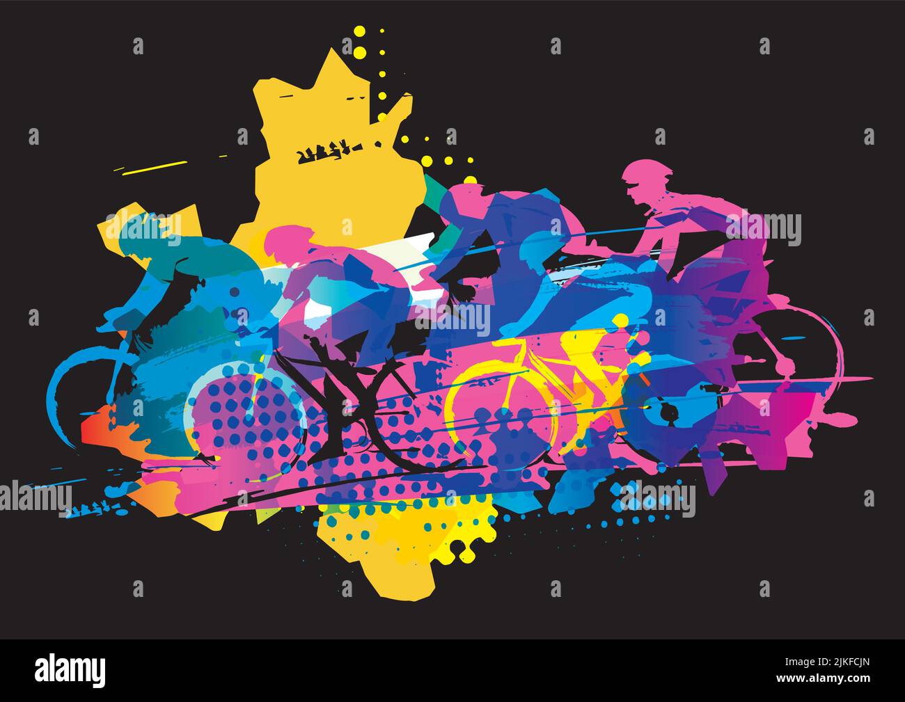 Course cycliste, arrière-plan grunge. Dessin stylisé expressif d'un groupe de cyclistes à pleine vitesse . Isolé sur fond noir. Vecteur disponible. Illustration de Vecteur
