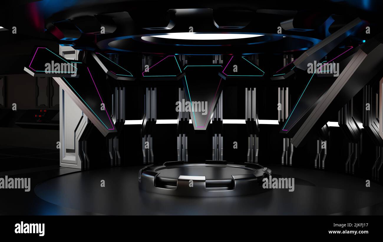 Podium moderne en intérieur de vaisseau spatial ou de station spatiale, tunnel Sci Fi, scène pour la présentation du produit, rendu 3D. Banque D'Images