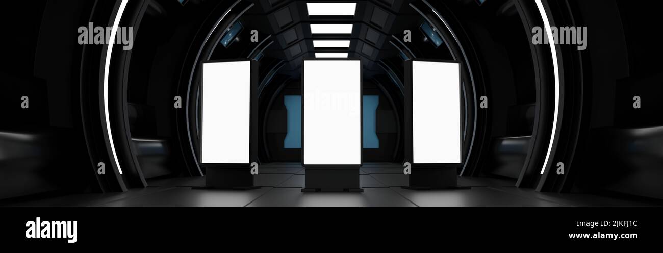 Maquette vierge de panneau d'affichage vertical ou d'écran LCD au sol dans le vaisseau spatial ou l'intérieur de la station spatiale, tunnel Sci Fi, concept publicitaire, Template Horizo Banque D'Images