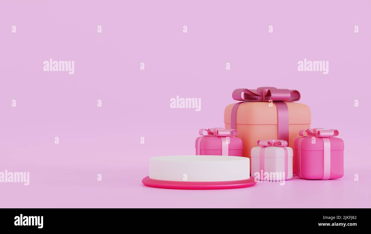 Plate-forme de promotion pied podium design avec coffret cadeau et décoration ballon, maquette pour la saison de la Saint-Valentin ou anniversaire, rendu 3D. Banque D'Images