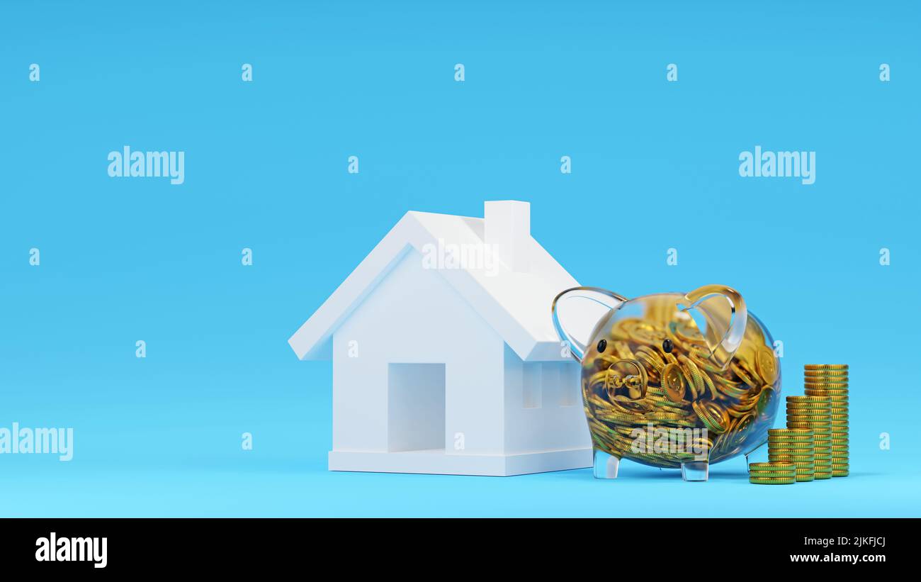 Banque de Piggy en verre avec pièce à l'intérieur près de la maison modèle et pile de pièces, économiser de l'argent pour acheter la maison, la propriété d'investissement, le concept immobilier d'hypothèque. 3D ren Banque D'Images