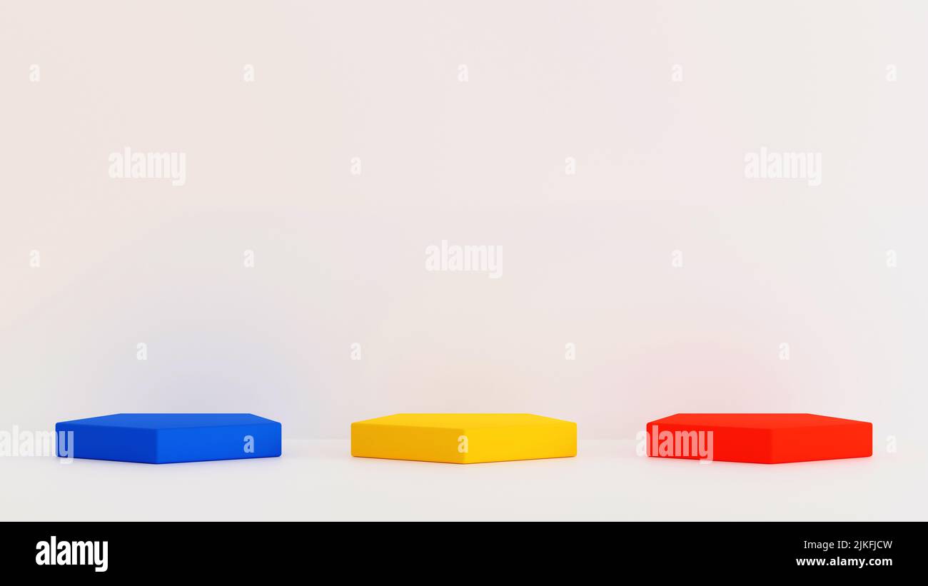 Jeu de podium Pentagone rouge jaune bleu avec fond blanc de mur et de plancher, scène pour le produit, rendu 3D. Banque D'Images