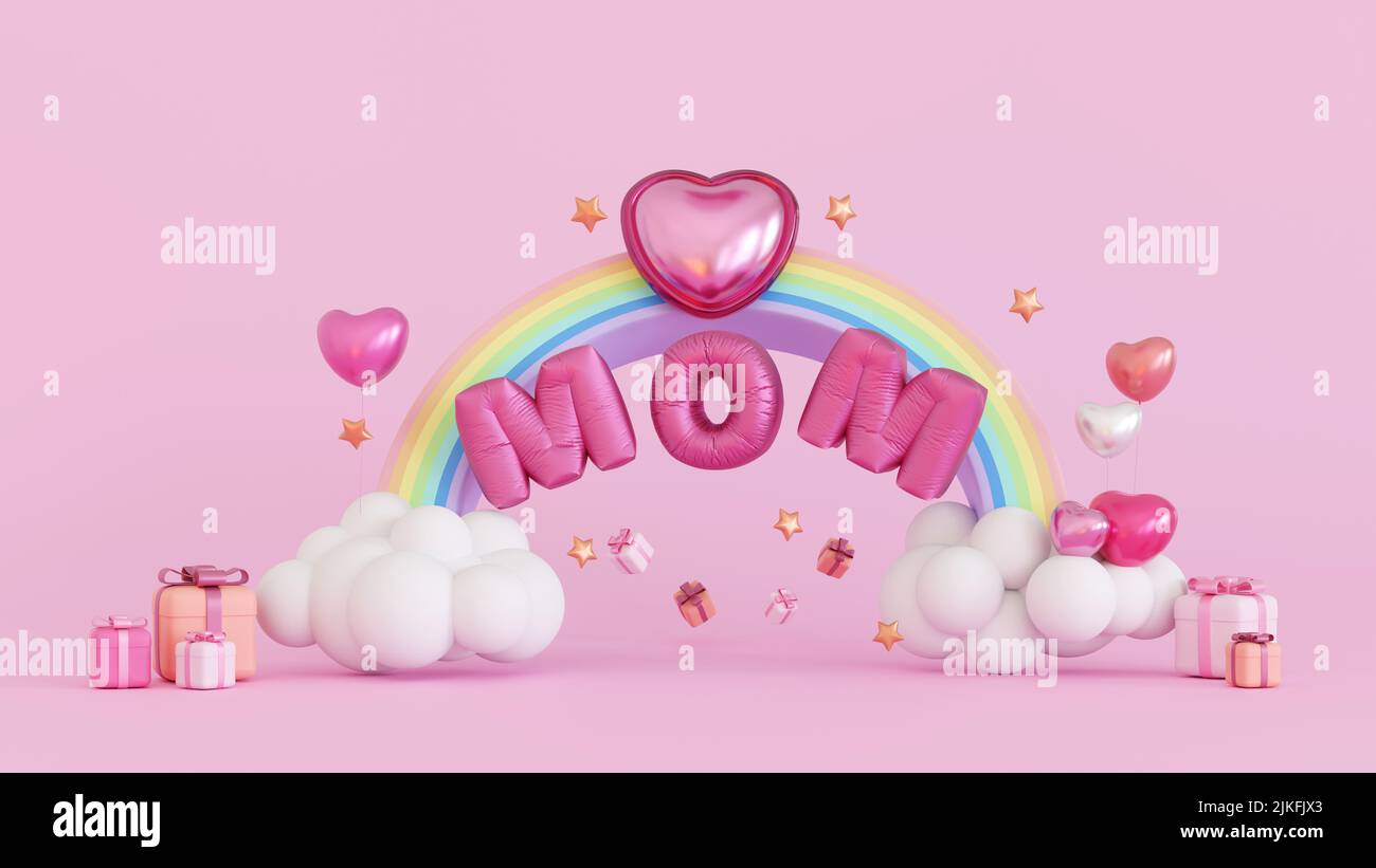 Happy Mothers Day Celebration, Balloon Maman texte sur l'arc-en-ciel avec nuage et boîte cadeau, coeur amour, espace de copie pour ajouter du texte, 3D rendu. Banque D'Images