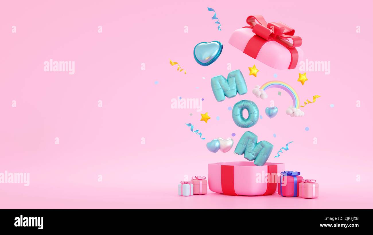 Fête des mères heureux, ballon texte de maman avec boîte cadeau, coeur amour, espace de copie pour ajouter du texte, 3D rendu. Banque D'Images