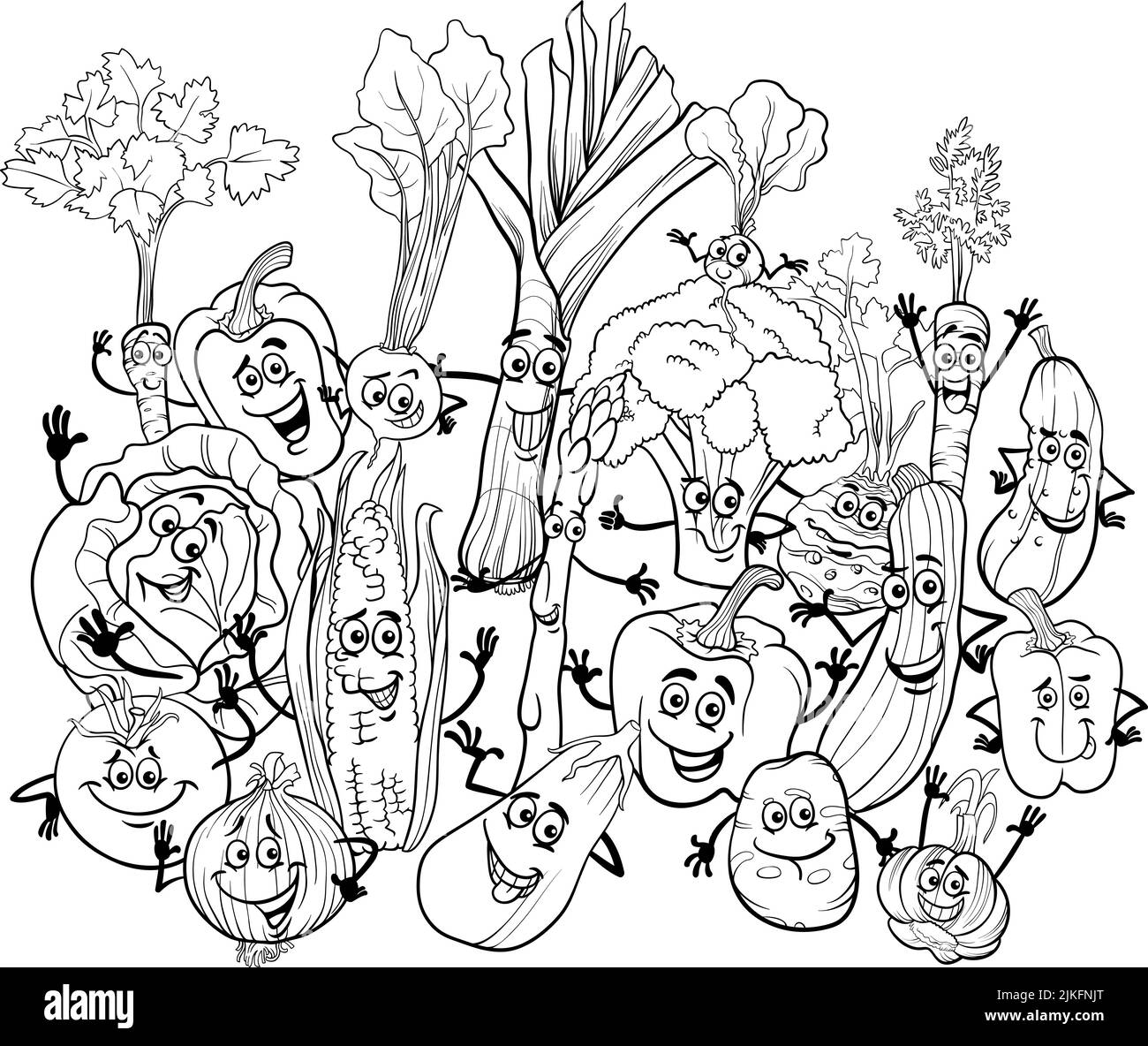 Dessin animé noir et blanc illustration de drôle de fruit comic caractères groupe coloriage page Illustration de Vecteur