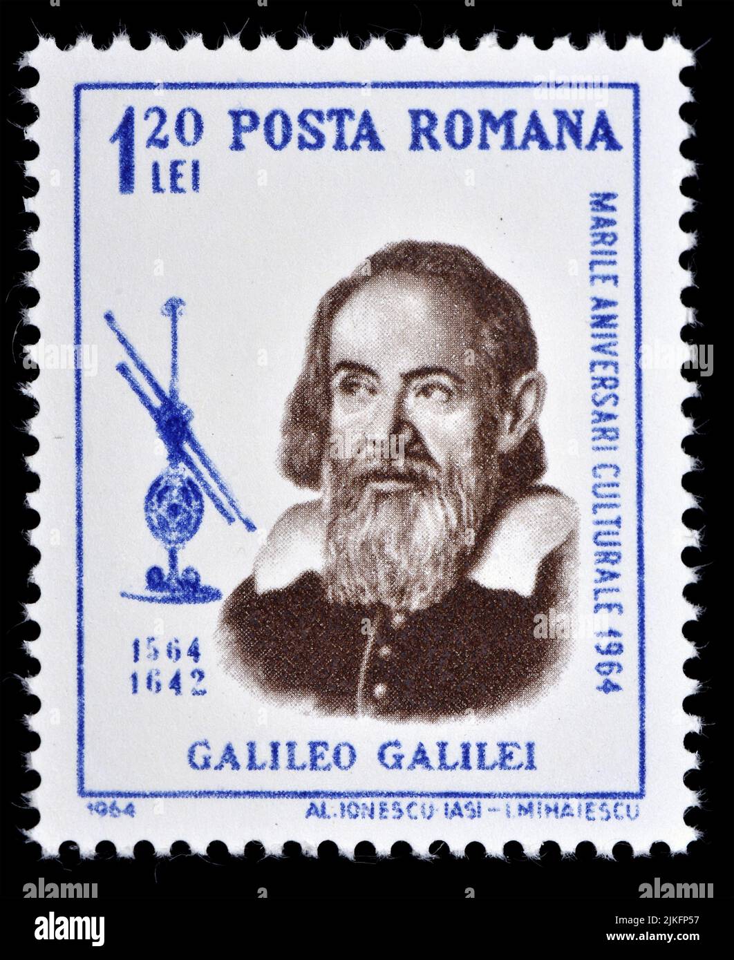 Timbre-poste roumain (1964) : Galileo Galilei (1564-1642), astronome italien Banque D'Images