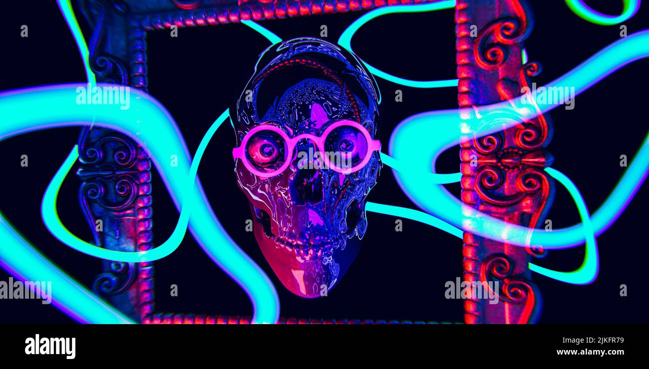 Jeton non fongible NFT, concept crypto-art avec texte néon. Type d'échantillon de jeton cryptographique qui représente le visage unique du crâne dans les verres - 3D rende Banque D'Images