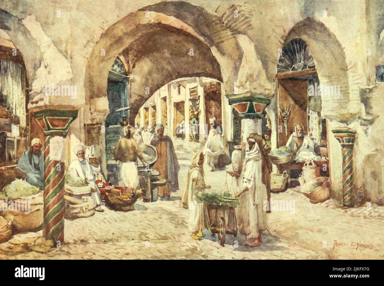 Souk el Attarin, Tunis peint par Frances E Nesbitt dans le livre « Algérie et Tunis » Date de publication 1906 Éditeur Londres, A. et C. Black Banque D'Images