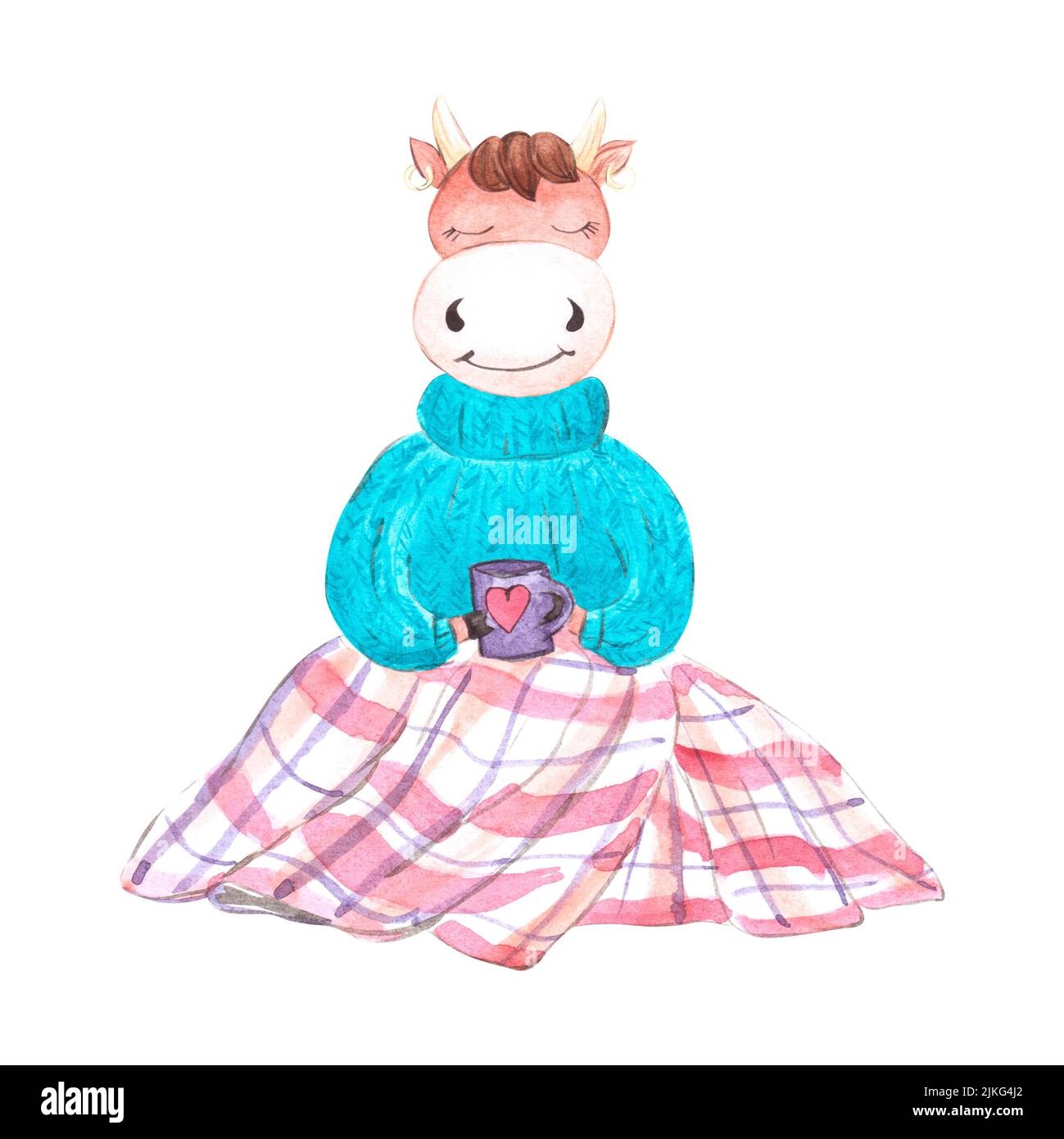 Illustration aquarelle d'une jolie vache avec une tasse de café, dans un chandail et sous une couverture. Isolé sur un fond blanc. Pour cartes postales, design, p Banque D'Images