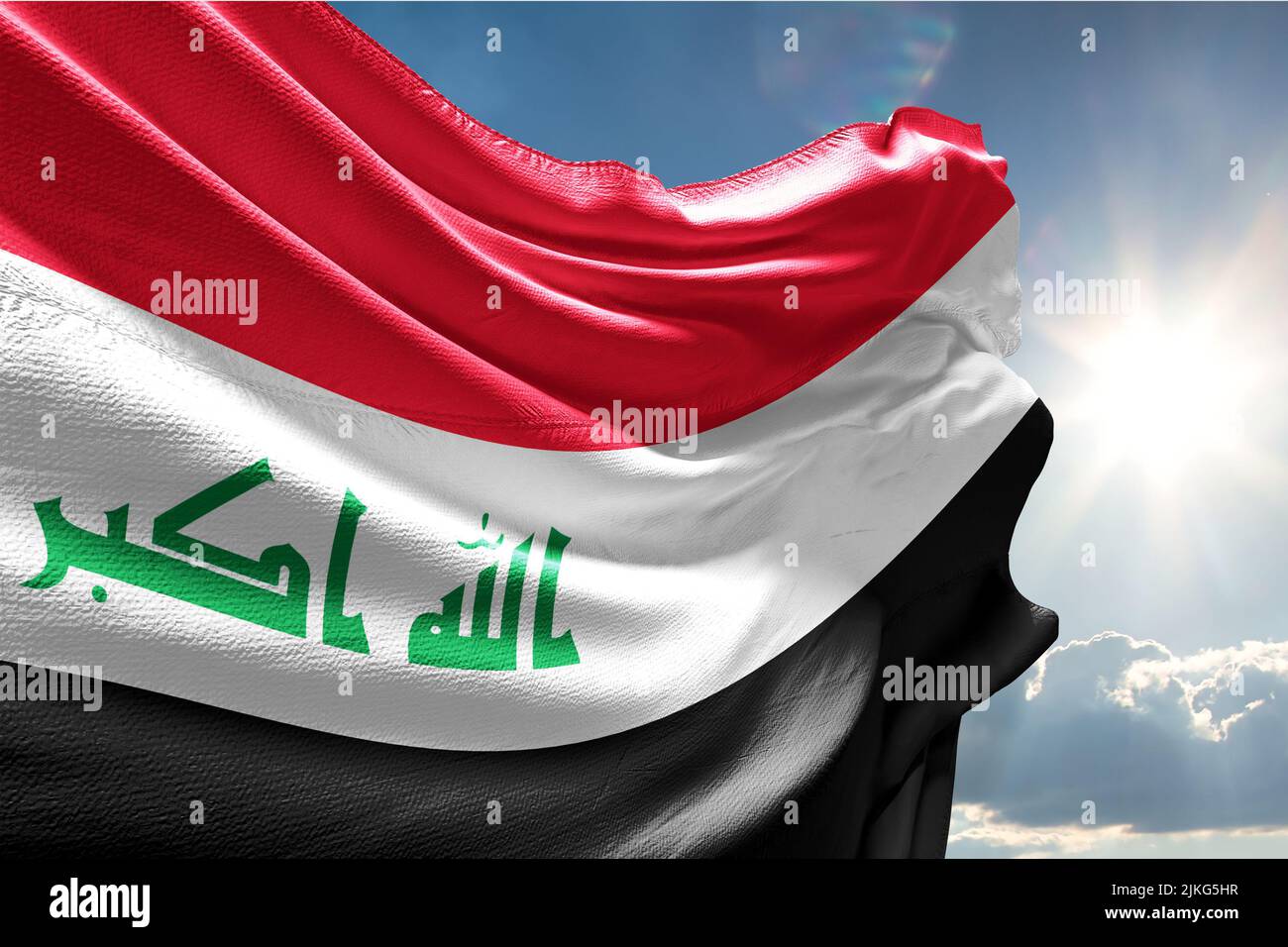 Drapeau de l'Irak traduire « Dieu est le plus grand » le drapeau de l'Irak comprend les trois bandes horizontales égales rouge, blanc et noir de la libération arabe Banque D'Images