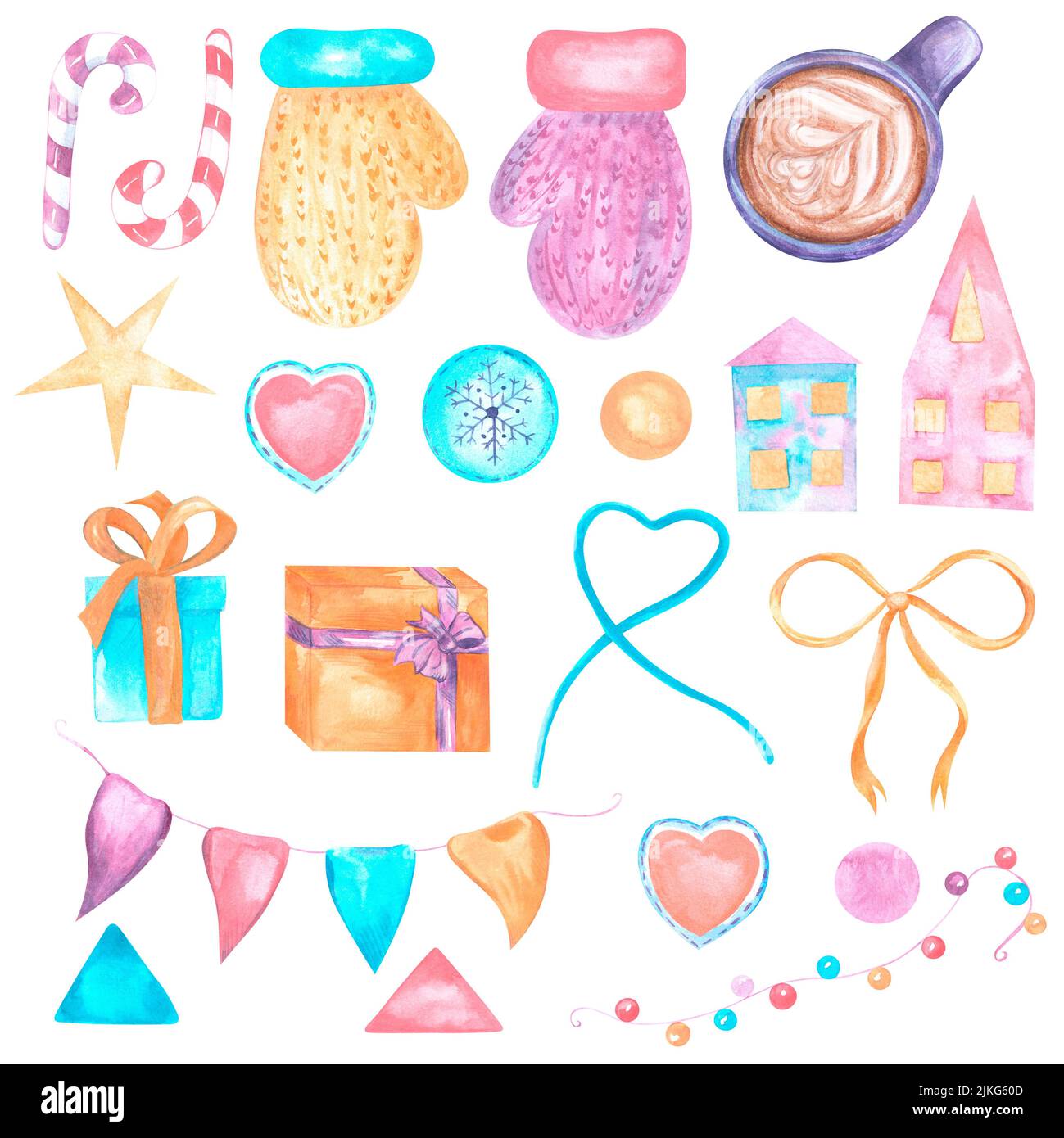 Un ensemble d'éléments isolés de vacances d'hiver peints en aquarelle - mitaines, cadeaux, guirlande, café, bonbons, rubans. Pour le design, les invitations, la décoration Banque D'Images