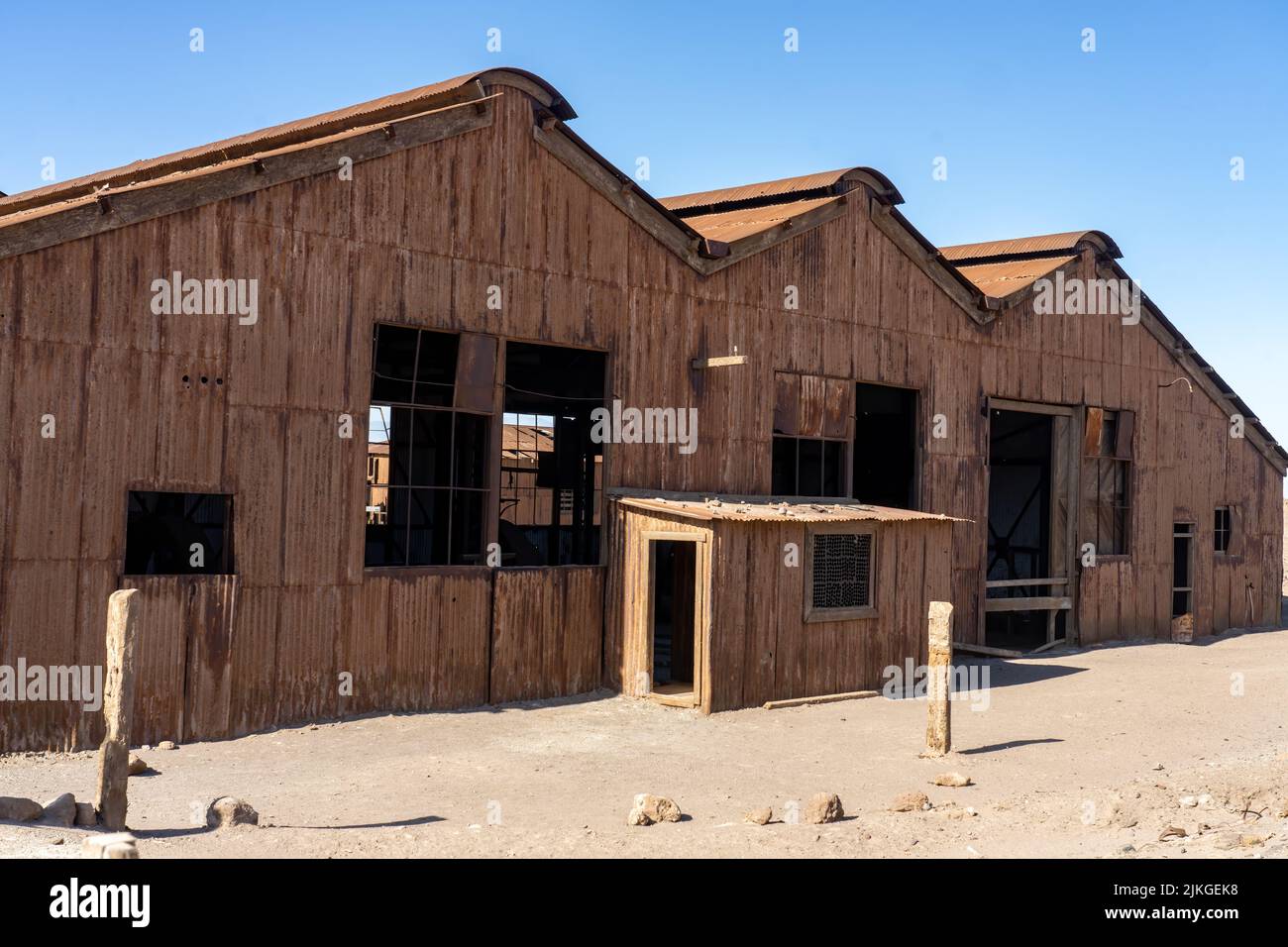 Atelier de construction à l'usine Saliterra Santa Laura Saltpeter. Humberstone, Chili. Banque D'Images