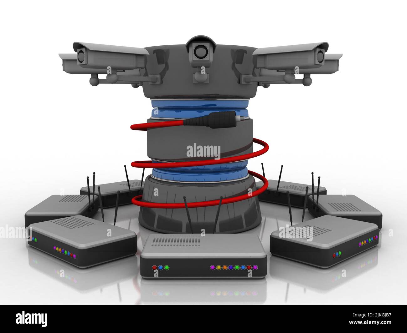 3d rendu de la base de données connectée par câble auxiliaire autour du modem wifi Banque D'Images