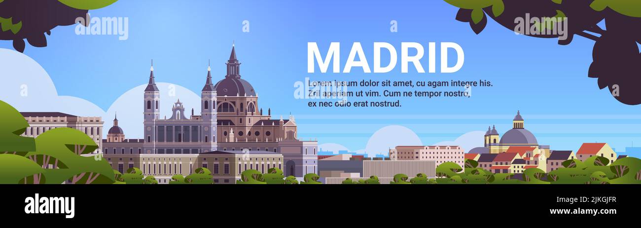 Belle ville de Madrid voyage d'affaires concept touristique paysage urbain avec de célèbres bâtiments horizontaux Illustration de Vecteur