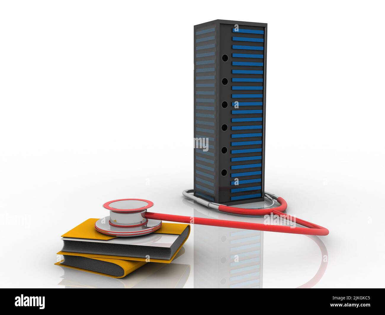 3D illustration stéthoscope connecté au serveur et au dossier du centre de données Banque D'Images