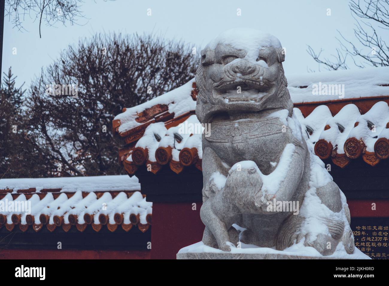 La sculpture du lion gardien recouverte de neige à Beijing, en Chine Banque D'Images