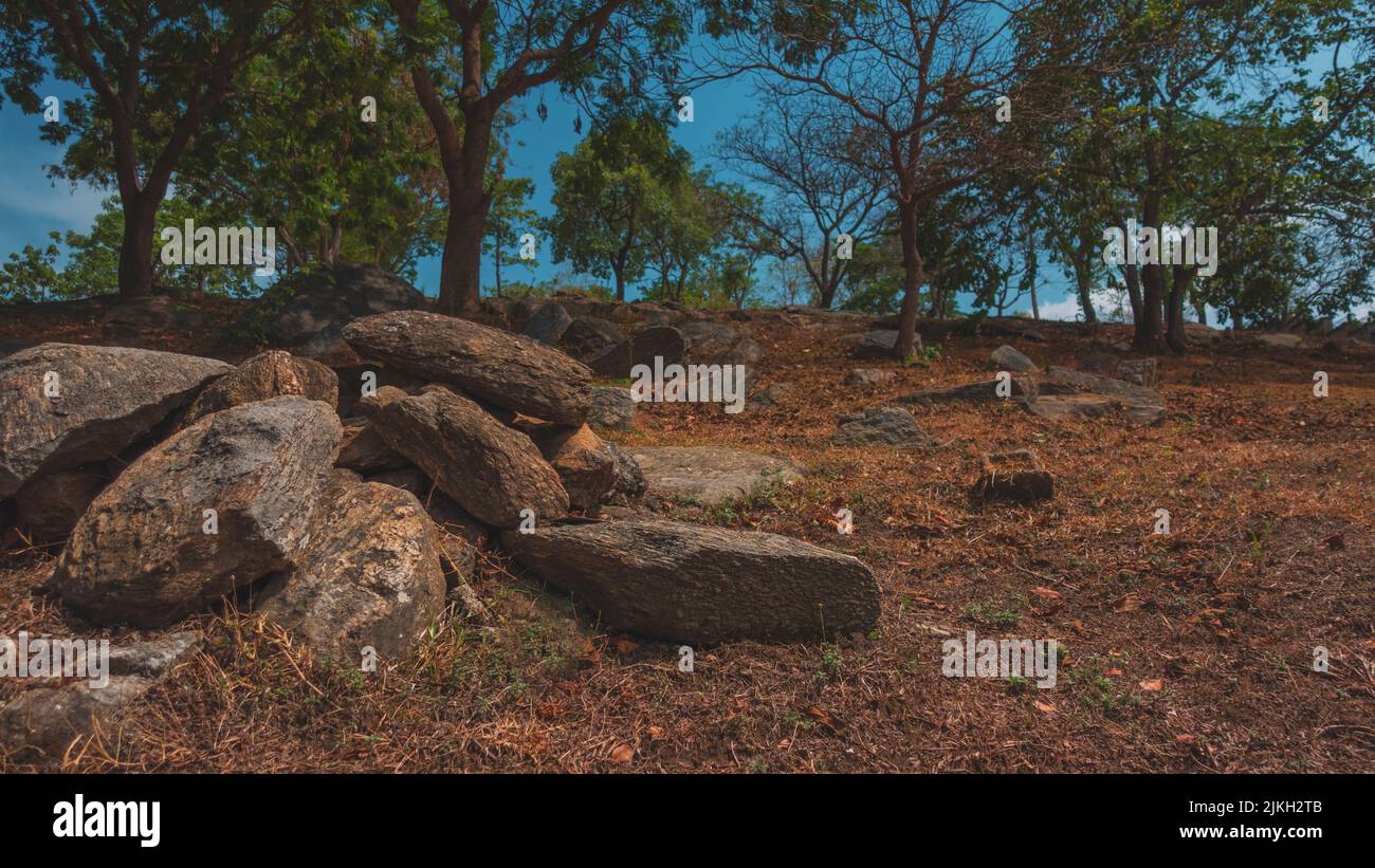 Un parc rural brun avec des rochers et des pierres à Abuja, Nigeria Banque D'Images