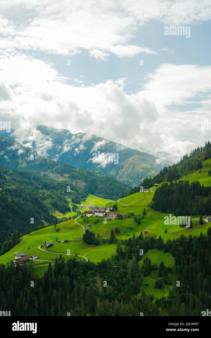 A vertical shot of grass-covered mountains slopes with trees under the cloudy sky Banque D'Images