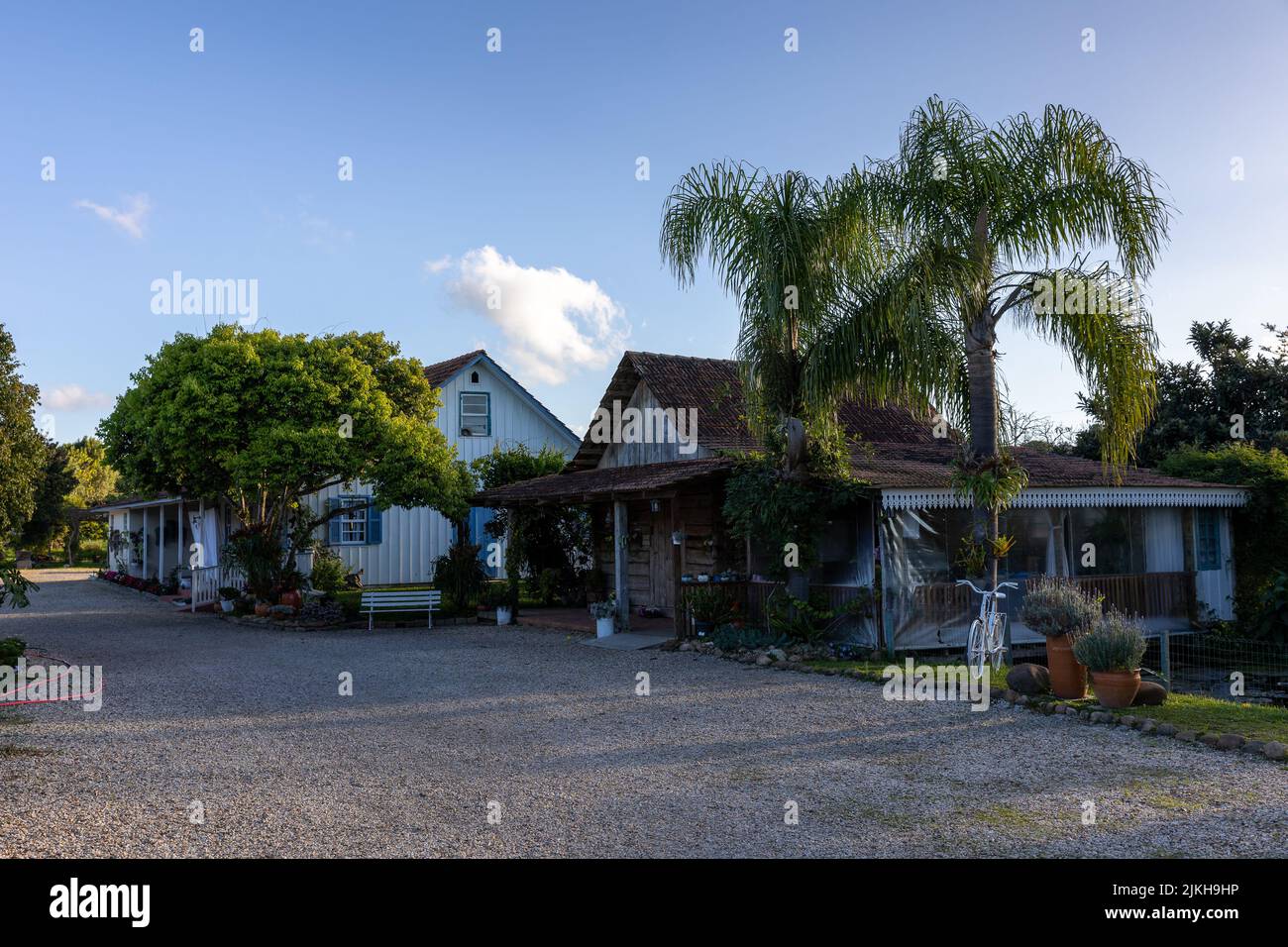 Une belle photo de vieilles maisons en bois et d'arbres verts dans la rue le soir Banque D'Images