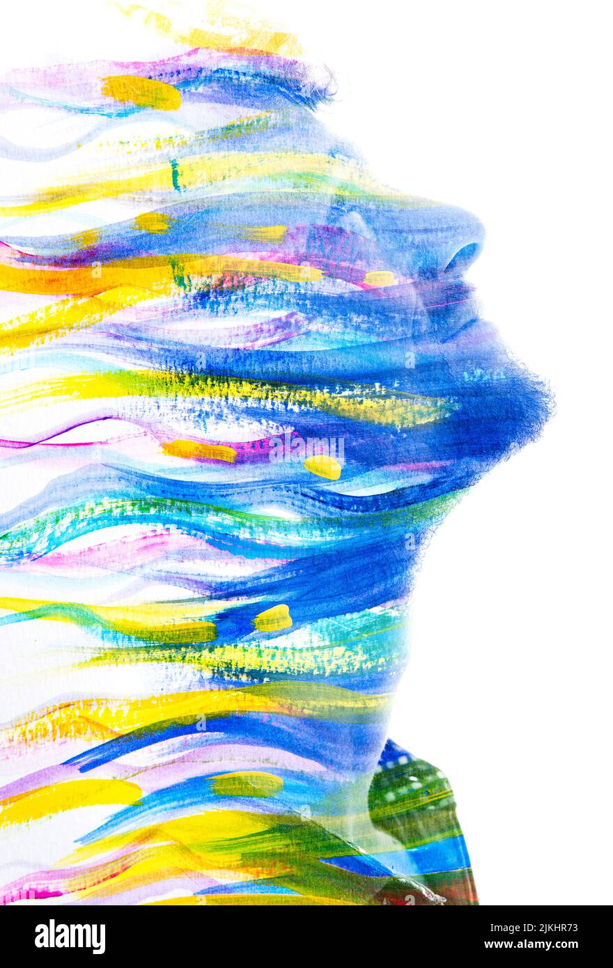 Peinture. Peinture colorée fusionnée avec un portrait Banque D'Images