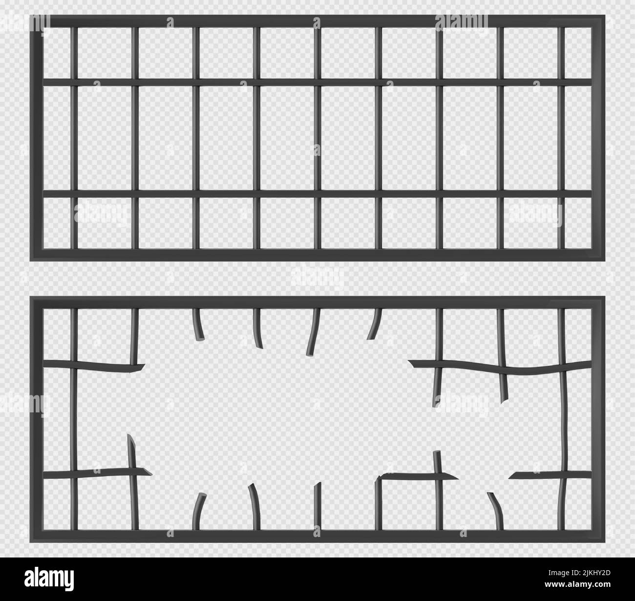 Fenêtres de cage de prison avec grille de barres métalliques. Illustration vectorielle réaliste des fenêtres de cellules de prison avec grille de tiges de fer et grilles cassées isolées sur fond transparent Illustration de Vecteur