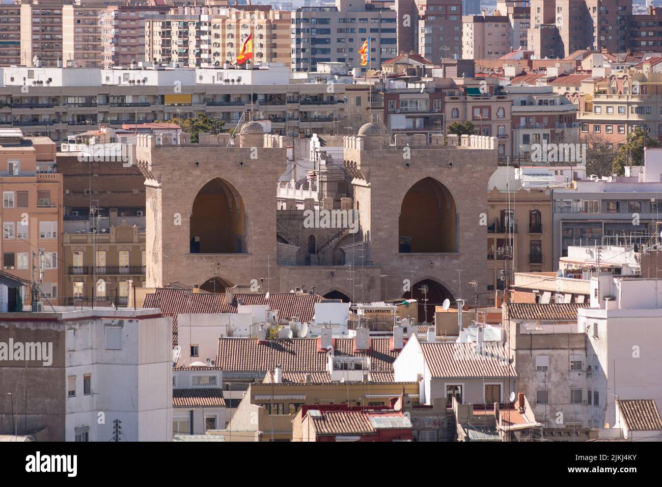Arrière de Torres de quart (Tour Quart) vu de la Tour Micalet. Construit en 15th siècle par Pere Bonfill, Francesc Baldomar et Pere compte à mili Banque D'Images