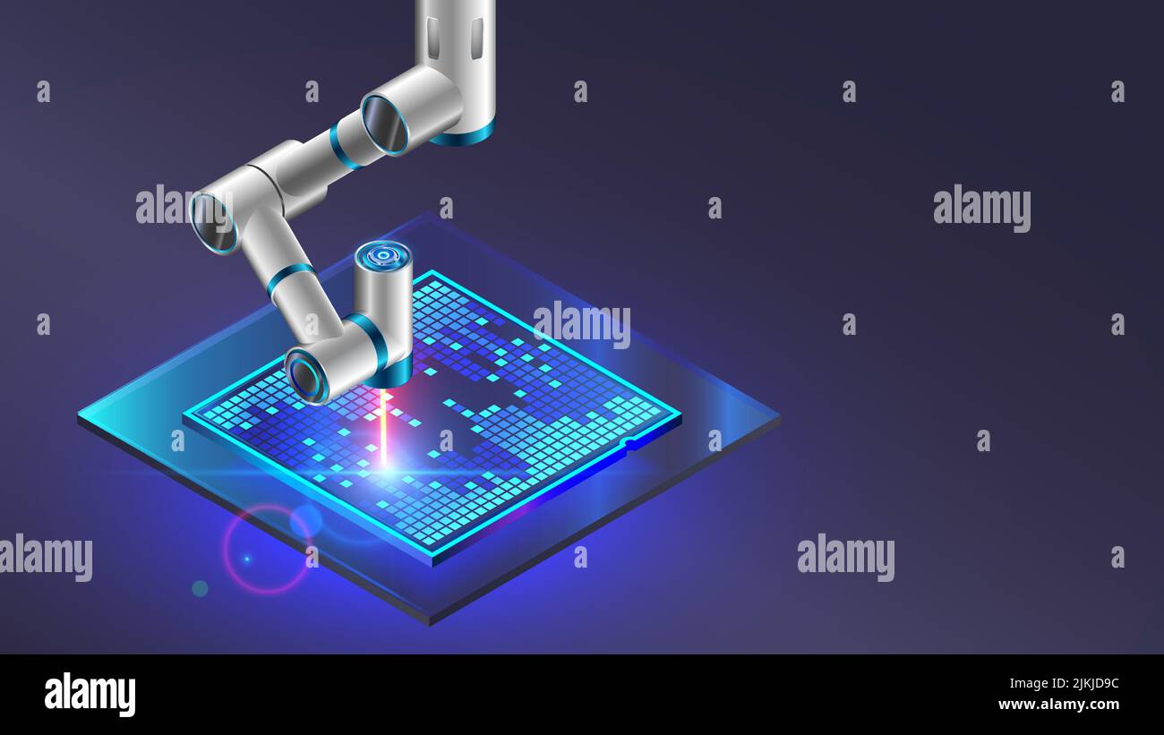 Technologie fabrication électronique de puces à semi-conducteurs à cristaux. Le bras robotique produit un processeur en silicium sur semi-conducteur à cristaux. Électronique Illustration de Vecteur