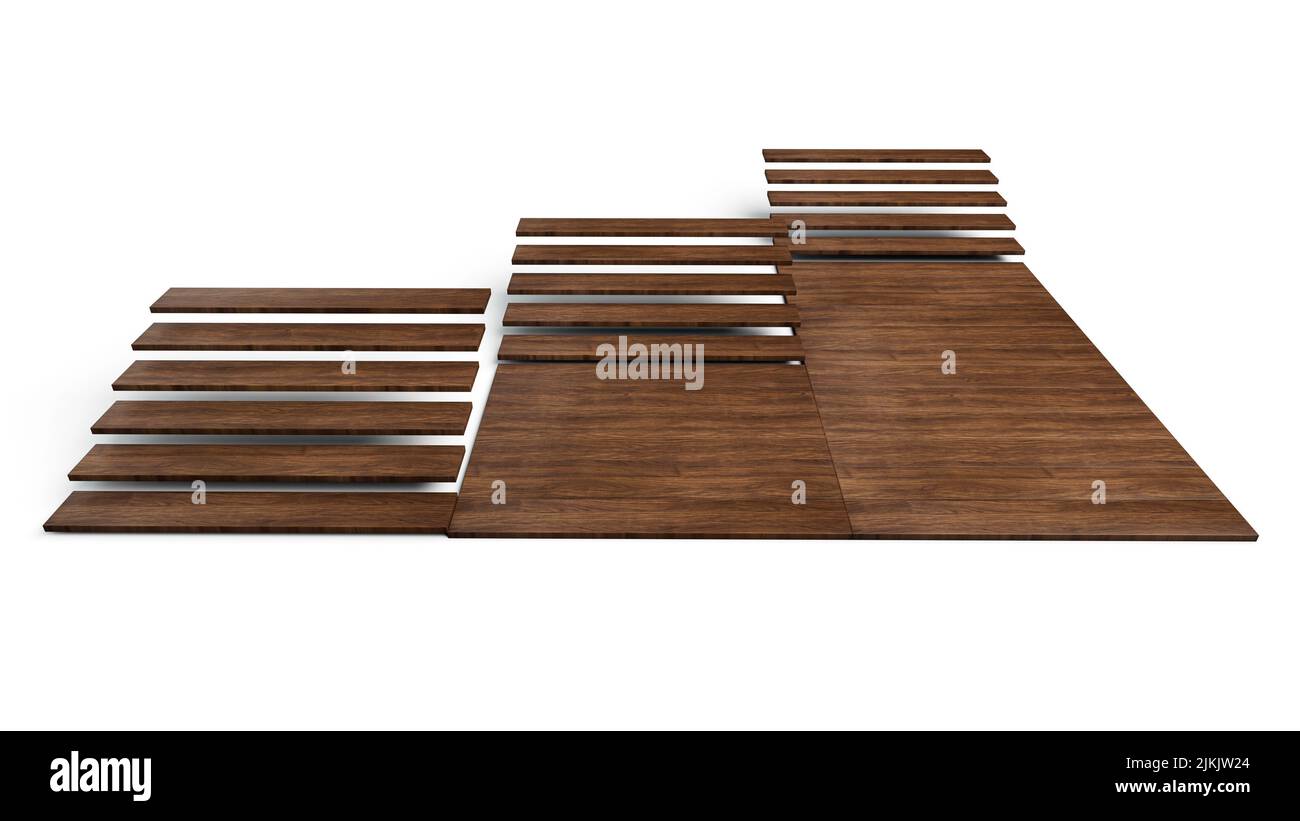 Installation du revêtement de sol. Ensemble de pièces de revêtement de sol différent. Parquet, laminé, planche en bois, carreaux 3D illustration Banque D'Images