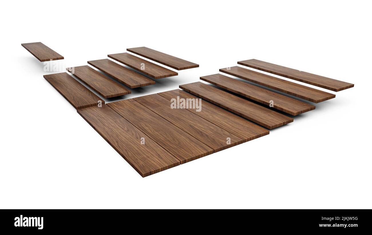 Installation du revêtement de sol. Ensemble de pièces de revêtement de sol différent. Parquet, laminé, planche en bois, carreaux 3D illustration Banque D'Images