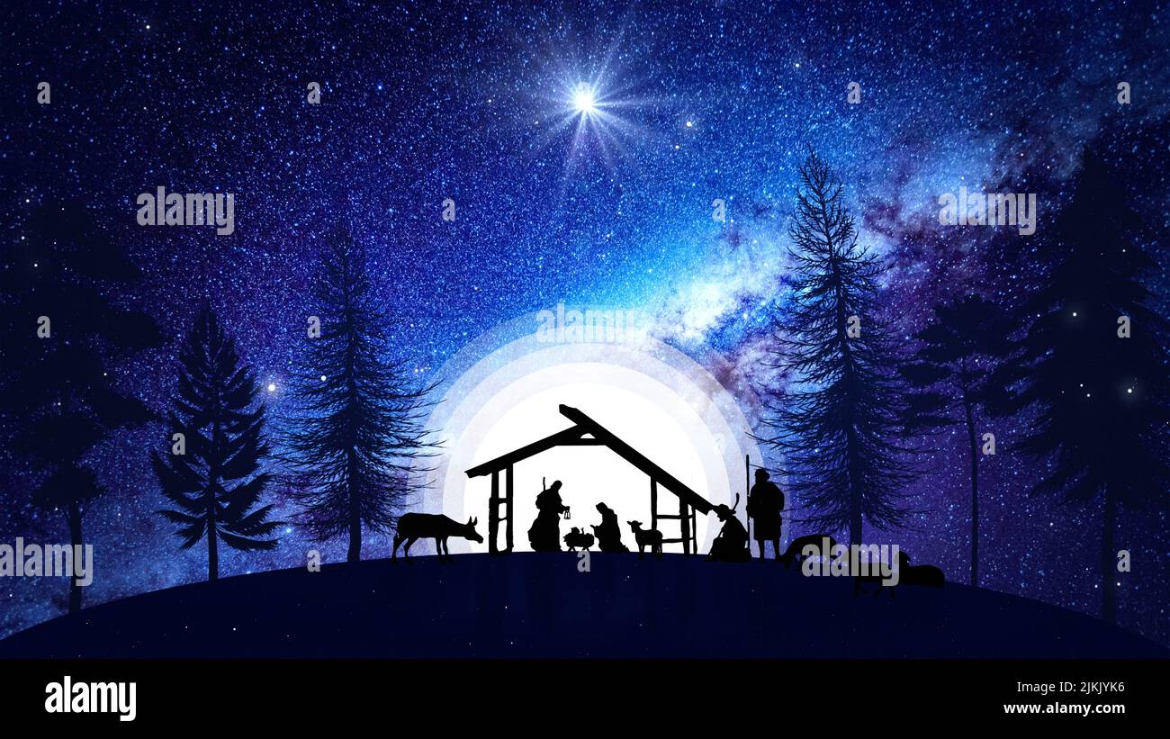 Animation de la scène de Noël avec étoiles scintillantes et personnages de la nativité. Noël Nativité sous un ciel étoilé et des nuages en mouvement sur le bleu. Banque D'Images