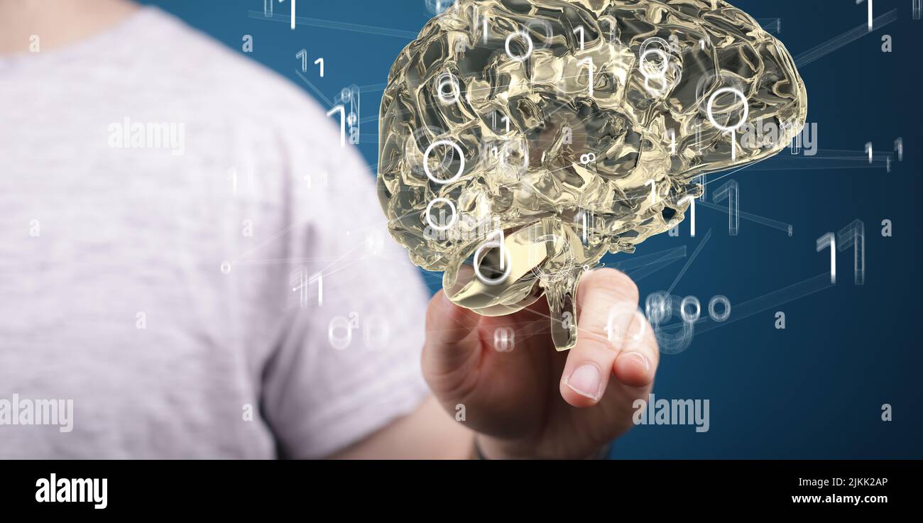 Une personne cliquant sur un cerveau 3D rendu Banque D'Images
