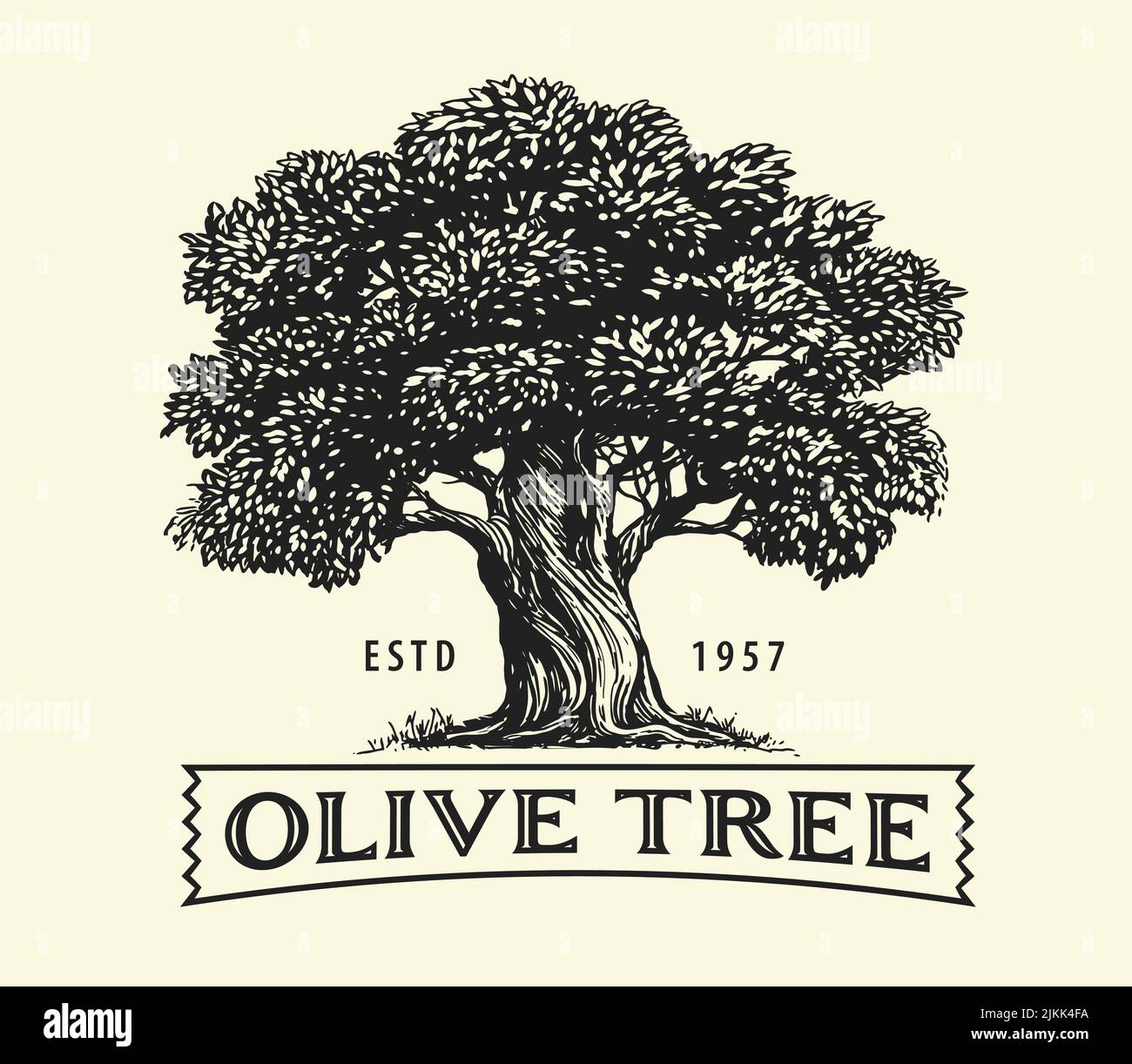 Olivier aux olives sur les branches. Dessin de l'emblème à l'huile d'olive. Illustration vectorielle dessinée à la main avec un style de gravure vintage Illustration de Vecteur