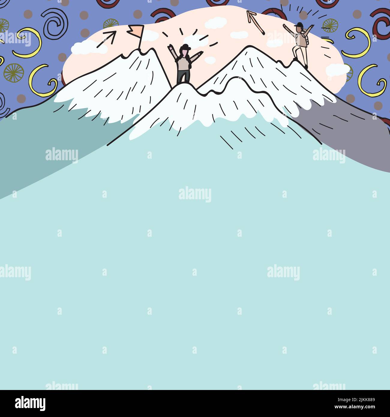 Message présenté sous les hommes randonnée au sommet des montagnes avec neige. Deux randonneurs grimpant sur les falaises pour atteindre Un but. Grimpeurs qui monte avec les nuages dedans Illustration de Vecteur