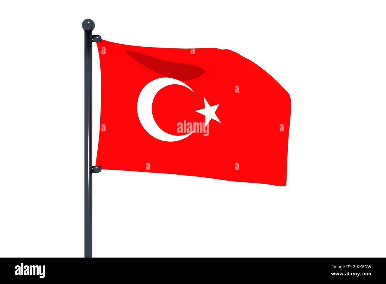 3D illustration du drapeau de dinde avec mât de drapeau chromé avec crochets à pression agitant dans le ciel bleu. Fond blanc via un canal alpha de grande précision. Banque D'Images