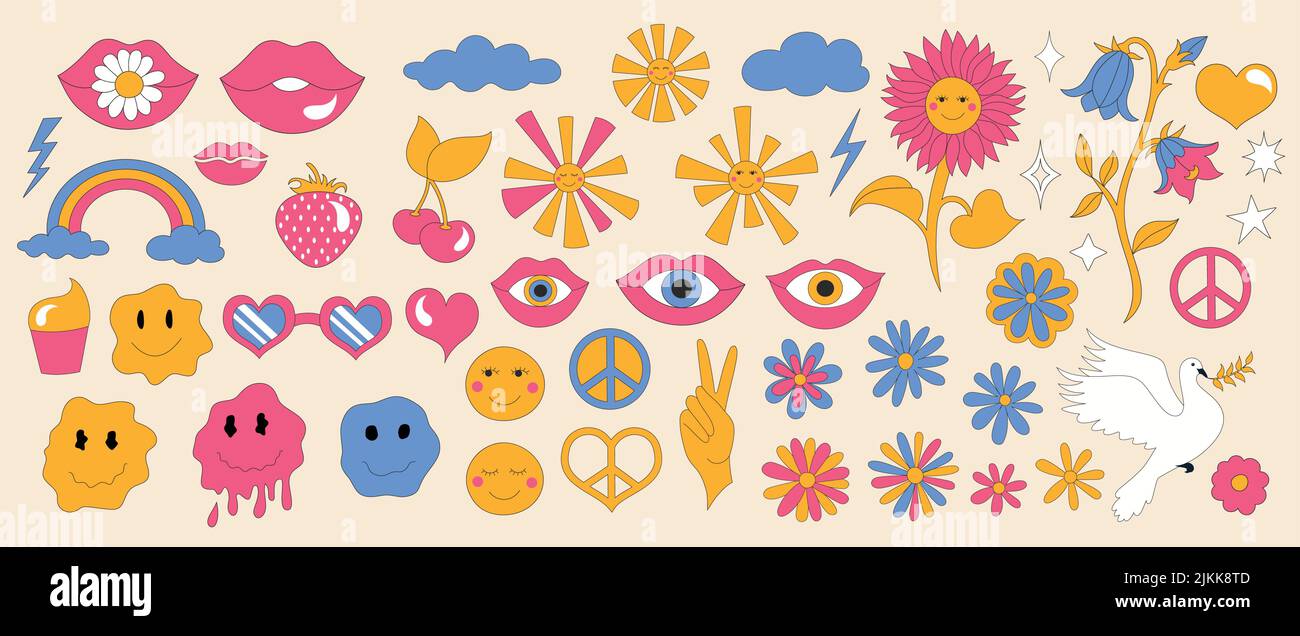 Fleurs minimalistes d'été. 1970 bonnes vibrations. Réglage rétro. Illustration de Vecteur