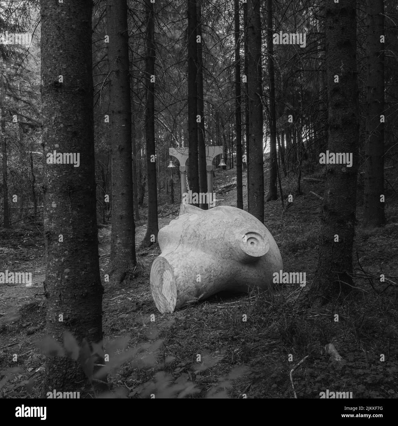 Photo en niveaux de gris d'une statue en pierre géante d'une tête humaine située dans la forêt en Norvège Banque D'Images