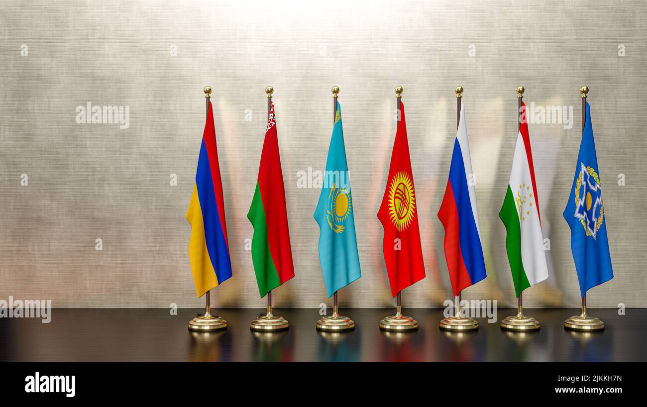 Drapeaux des pays Organisation du Traité de sécurité collective de l'OTSC, Arménie, Russie, Bélarus, Kazakhstan, Kirghizistan, Tadjikistan. Sommet CSTO. 3D travailler un Banque D'Images