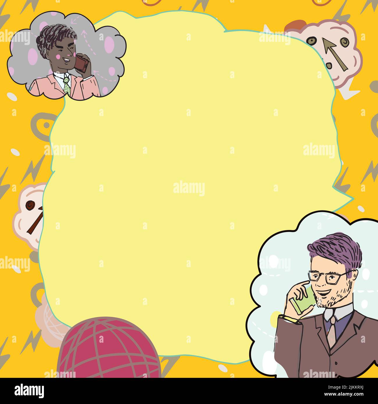 Les hommes d'affaires parlent sur les téléphones mobiles et présentent des idées importantes. Des hommes parlant sur des téléphones cellulaires et montrant des informations de base. Cadres Illustration de Vecteur