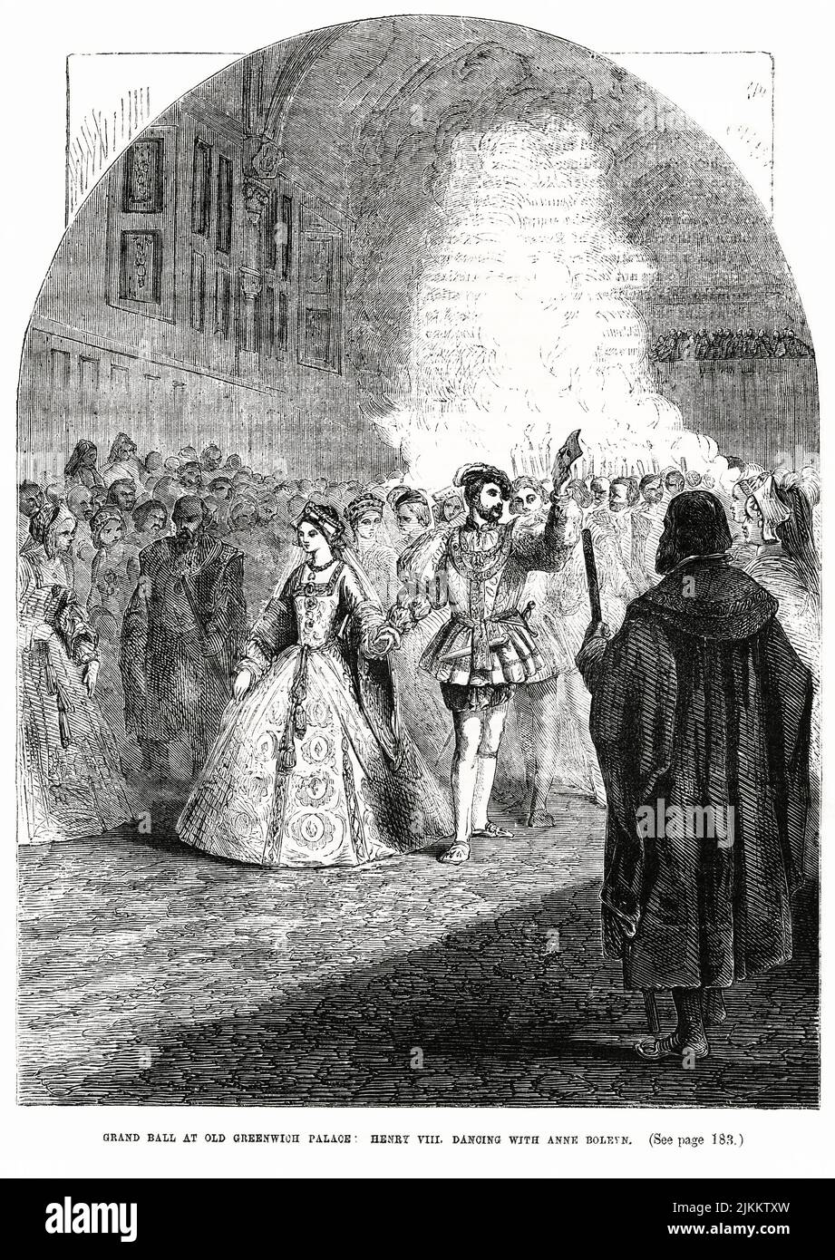 Grand bal au Old Greenwich Palace, Henry VIII dansant avec Anne Boleyn, illustration du livre, « John Cassel's Illustrated History of England, Volume II », texte de William Howitt, Cassell, Petter, et Galpin, Londres, 1858 Banque D'Images