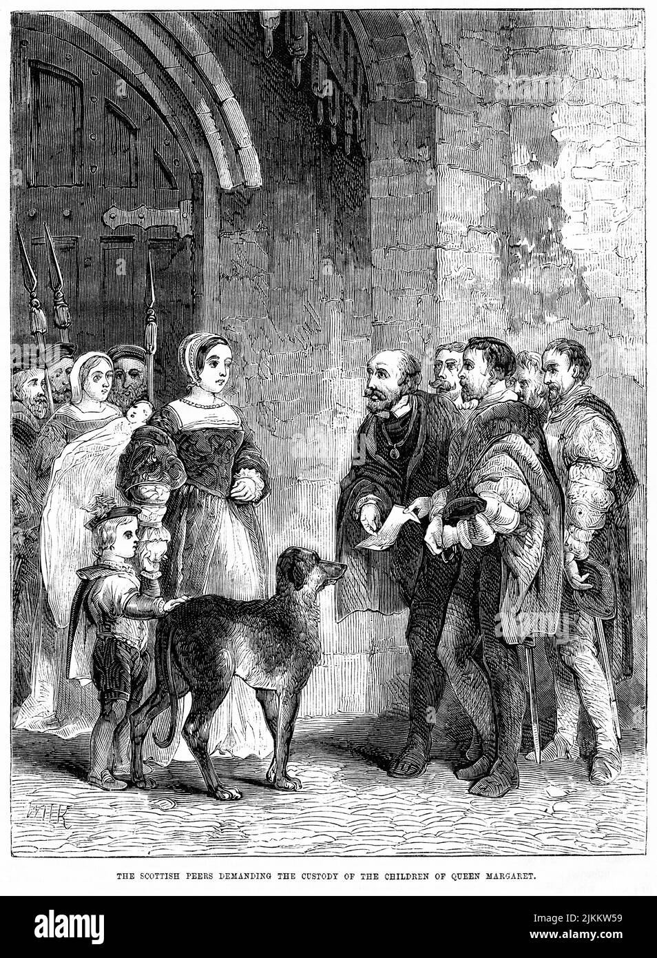 Les pairs écossais exigeant la garde des enfants de la reine Margaret, Illustration du livre, « John Cassel's Illustrated History of England, Volume II », texte de William Howitt, Cassell, Petter, et Galpin, Londres, 1858 Banque D'Images