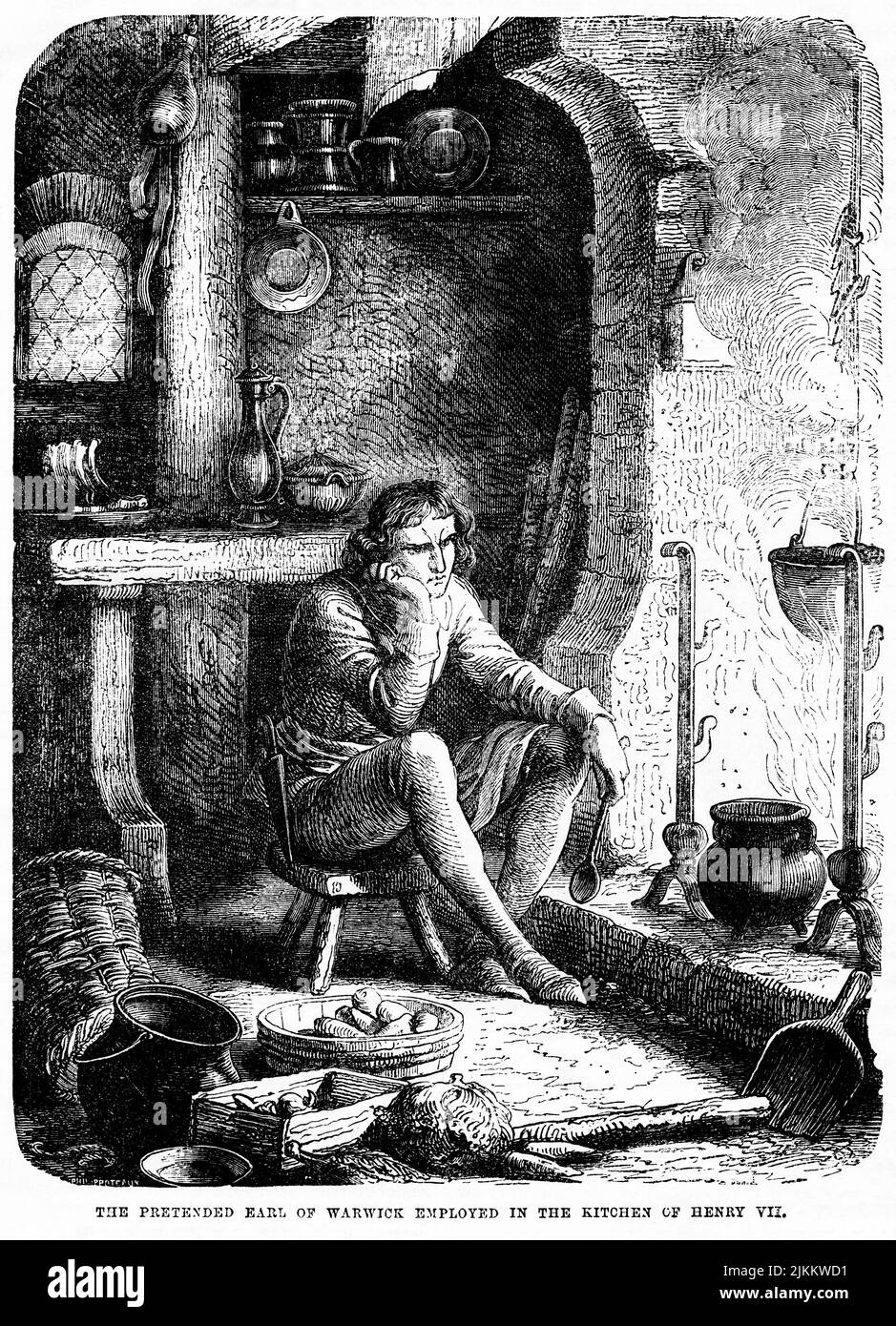 Le prétendant comte de Warwick employé dans la cuisine de Henry VII, illustration du livre, «John Cassell's Illustrated History of England, Volume II», texte de William Howitt, Cassell, Petter, et Galpin, Londres, 1858 Banque D'Images
