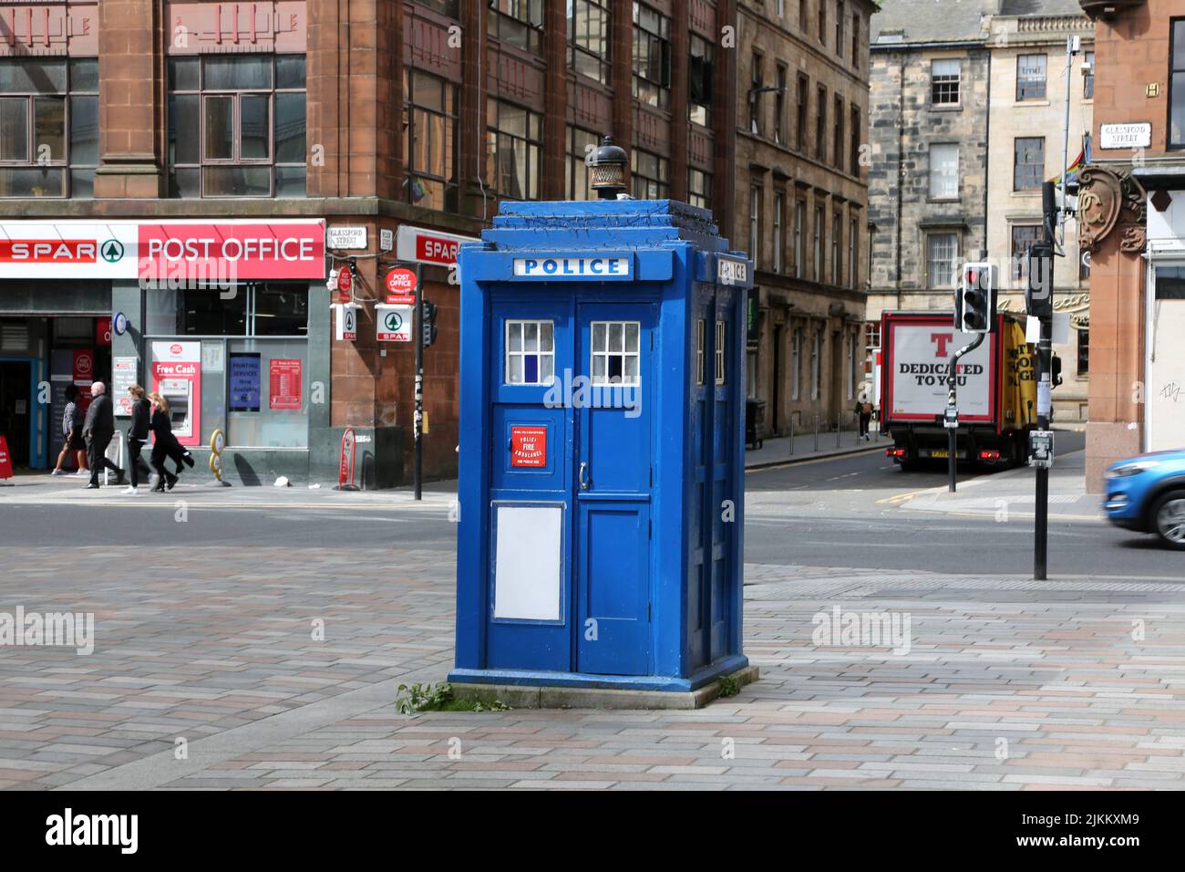 Wilson Street, Glasgow, Écosse, Royaume-Uni. Boîte de police peinte en bleu d'origine. Banque D'Images